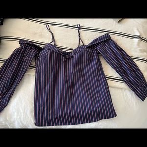 Bardot strap and off shoulder pinstripe top. Cute with white jeans/trousers